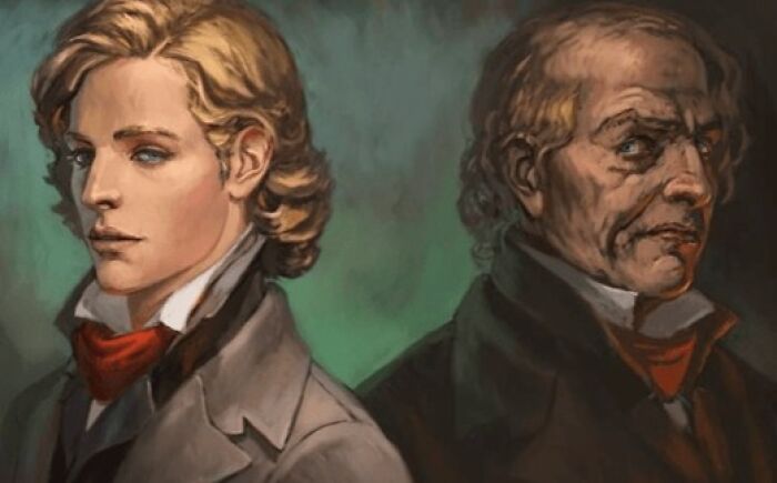 Digital painting of a young and old man standing back to back, illustrating the concept of a would you still do it poll.