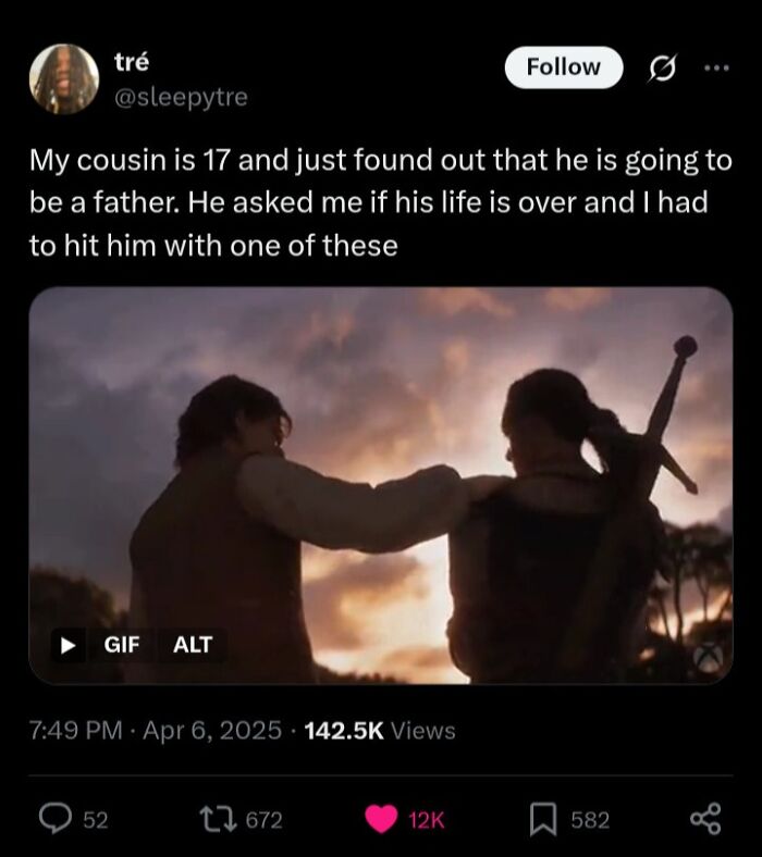 Black Twitter relatable post showing supportive moment with sword scene from a popular TV show at sunset.