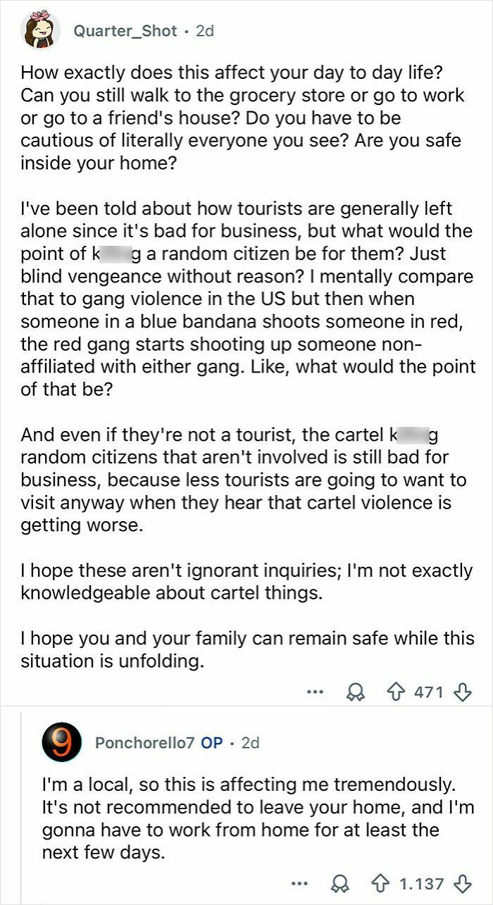 Reddit conversation discussing the impact of Mexico’s ongoing cartel violence on daily life and safety precautions.