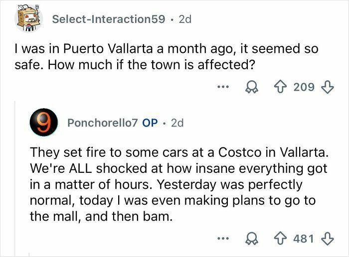 Comments discussing sudden cartel violence in Mexico, including arson at a Costco in Puerto Vallarta.
