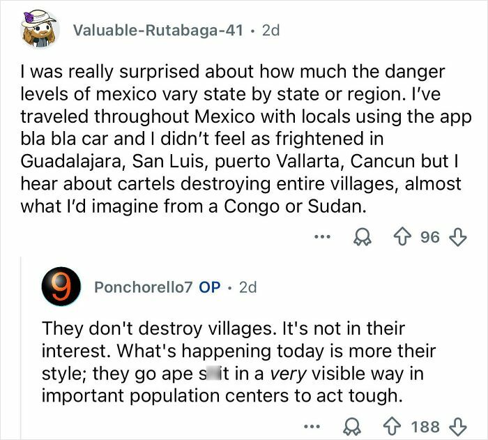 Reddit discussion about Mexico’s cartel violence and regional safety differences in cities like Guadalajara and Cancun.