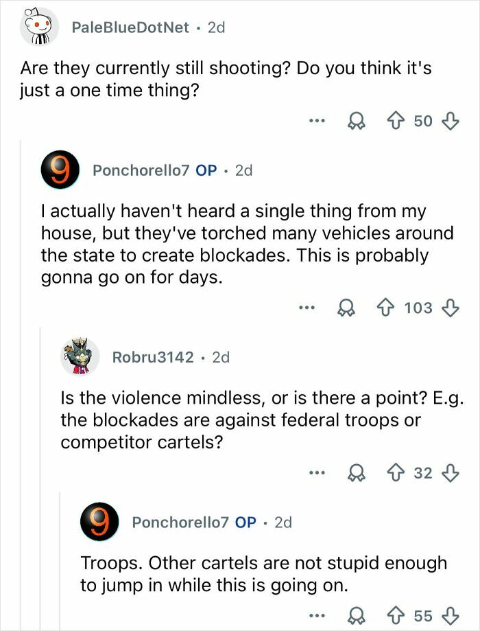 Reddit discussion about ongoing cartel violence in Mexico with mentions of shootings and vehicle blockades.
