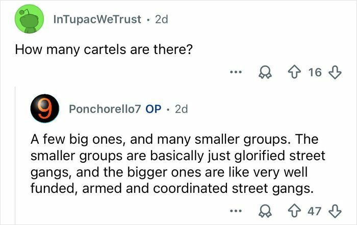 Reddit discussion explaining the number and nature of cartels involved in Mexico’s ongoing cartel violence.