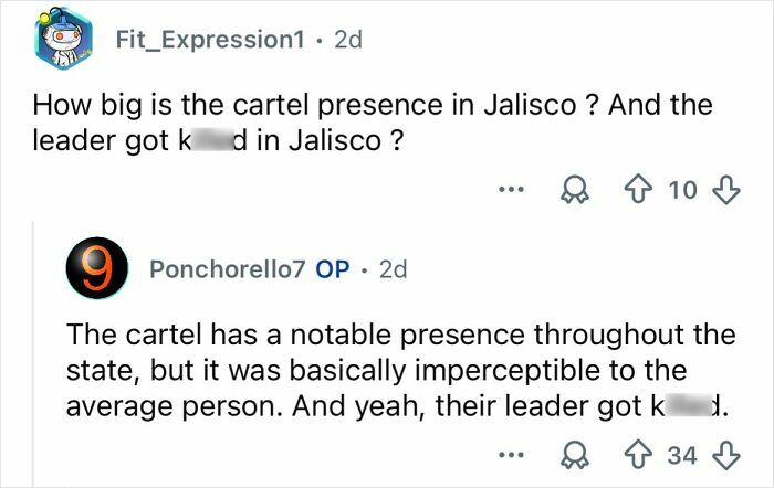 Reddit conversation discussing the notable cartel presence and leader k****d in Jalisco amid Mexico cartel violence.