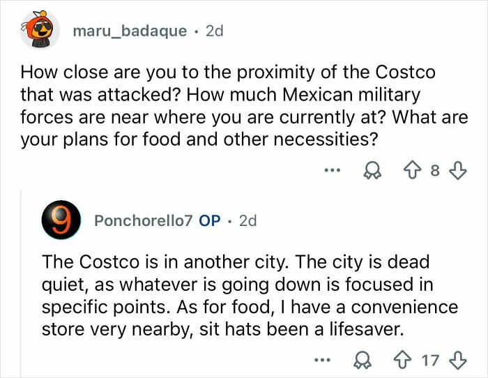 Screenshot of a social media conversation discussing Mexican military presence and cartel violence near a Costco attack.