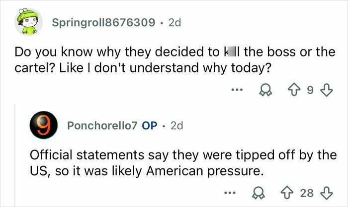 Online comments discussing cartel violence in Mexico, highlighting U.S. involvement and ongoing cartel conflict.