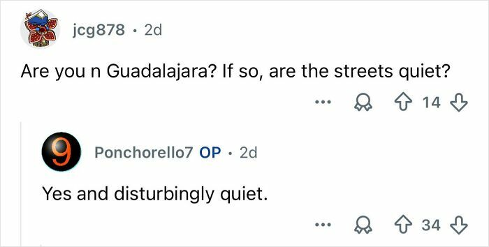 Screenshot of an online conversation about quiet streets in Guadalajara amid ongoing Mexico cartel violence.