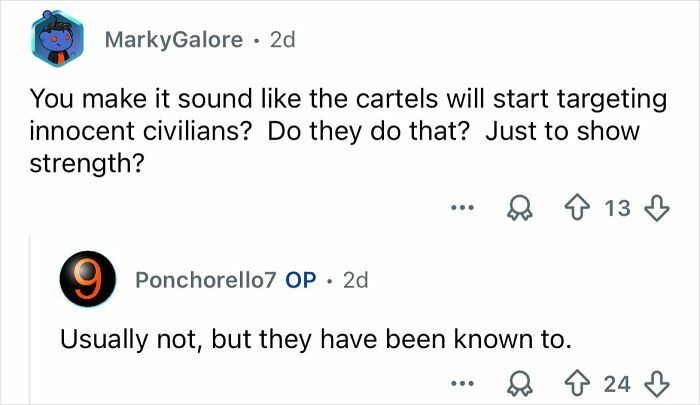 Online discussion about cartel violence in Mexico, focusing on targeting of innocent civilians as a show of strength.