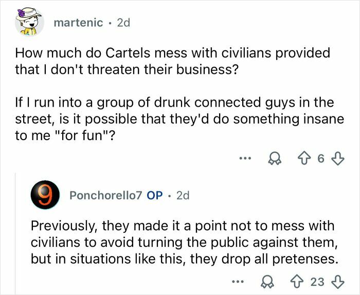 Screenshot of a Reddit conversation discussing the impact of Mexico’s ongoing cartel violence on civilians.