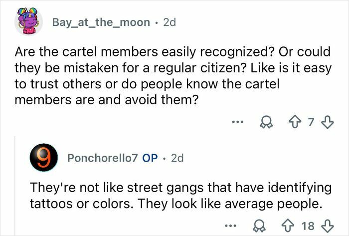 Screenshot of an online discussion about the recognition of cartel members in Mexico’s ongoing cartel violence.