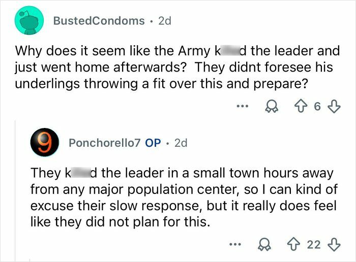 Reddit comments discussing cartel violence in Mexico and the slow response after k*****g a cartel leader in a small town.