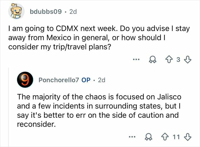 Reddit discussion about travel advice amid Mexico’s ongoing cartel violence and safety concerns in key regions.