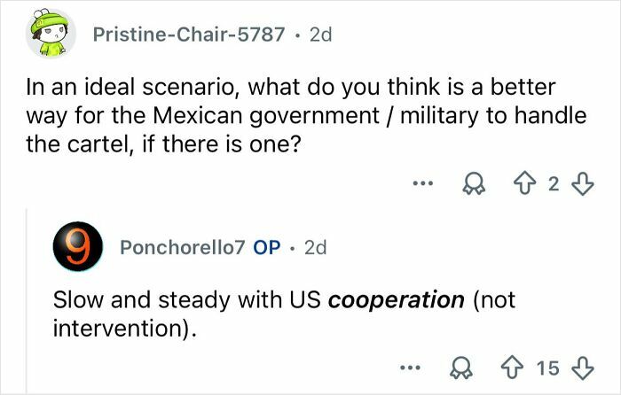 Reddit discussion about Mexico’s ongoing cartel violence and handling by government and military.