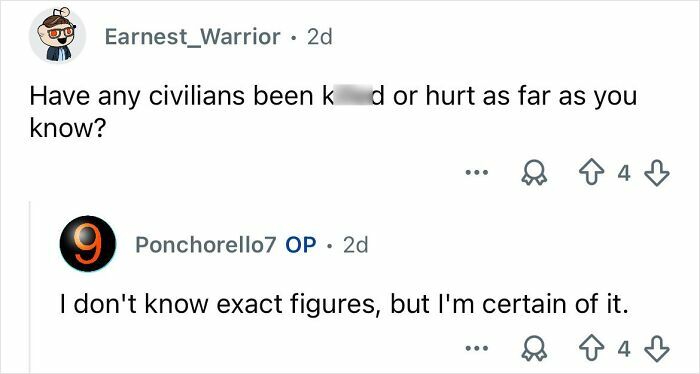 Reddit conversation discussing civilians affected by ongoing cartel violence in Mexico from a first-person perspective.