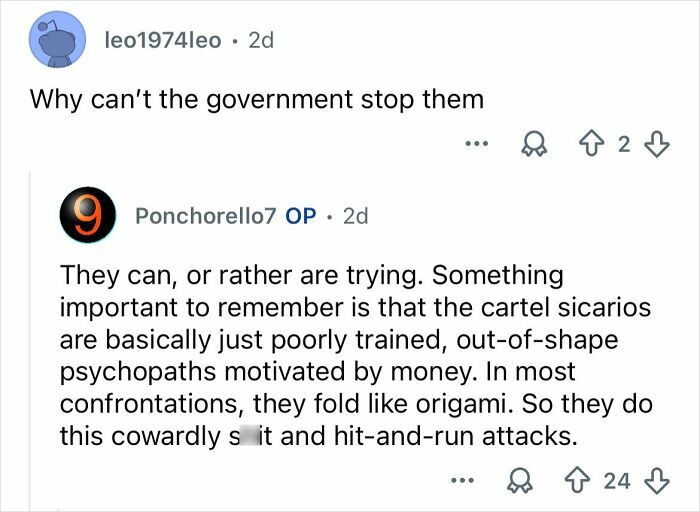 Reddit conversation discussing challenges of stopping cartel sicarios amid Mexico’s ongoing cartel violence and hit-and-run attacks.