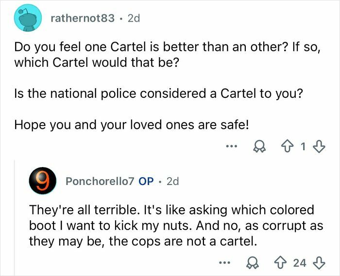 Reddit conversation about cartel violence in Mexico discussing police corruption and cartel comparisons.