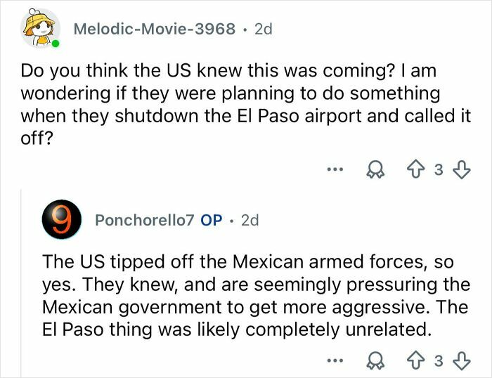 Reddit conversation discussing US involvement and Mexican armed forces amid ongoing cartel violence in Mexico.