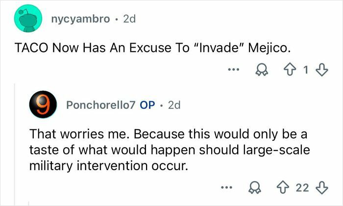 Social media comments discussing fears of military intervention amid Mexico’s ongoing cartel violence risks.
