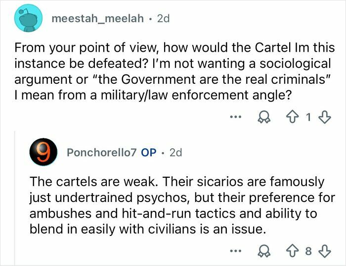 Reddit exchange discussing cartel violence, sicarios, and military/law enforcement tactics in Mexico's ongoing cartel conflict.