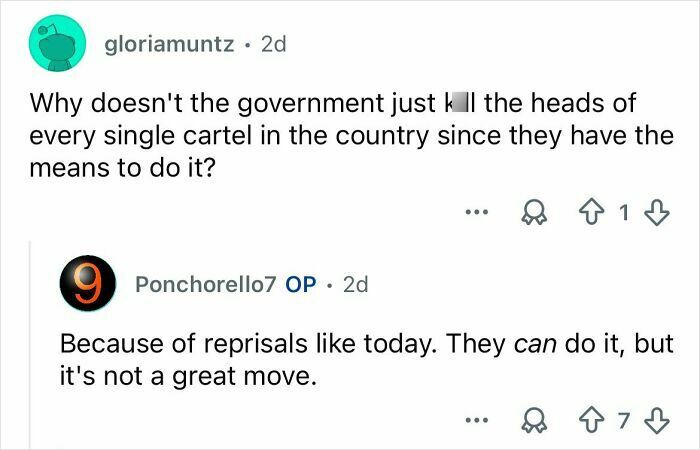 Screenshot of a Reddit discussion about Mexico’s ongoing cartel violence and government action risks.