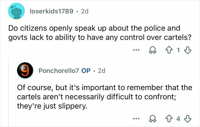 Reddit discussion about citizens speaking up amid Mexico’s ongoing cartel violence and government control challenges.