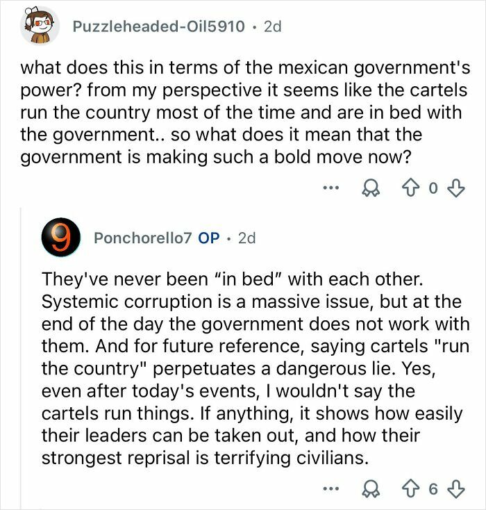 Reddit discussion about cartel violence in Mexico, addressing corruption, government power, and terrifying reprisals against civilians.