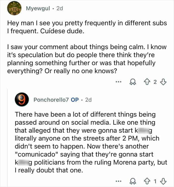 Screenshot of a Reddit conversation discussing cartel violence and potential threats in Mexico shared on social media.