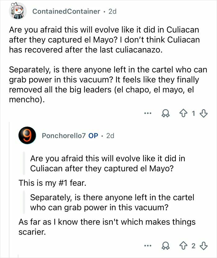 Reddit conversation discussing fears of cartel violence and power vacuum in Mexico after capturing key cartel leaders.