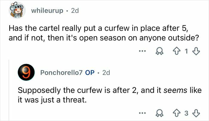 Screenshot of online discussion about cartel violence and curfew enforcement amid Mexico’s ongoing cartel violence.