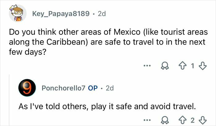Reddit conversation discussing cartel violence and safety concerns for travel in Mexico’s ongoing cartel violence.