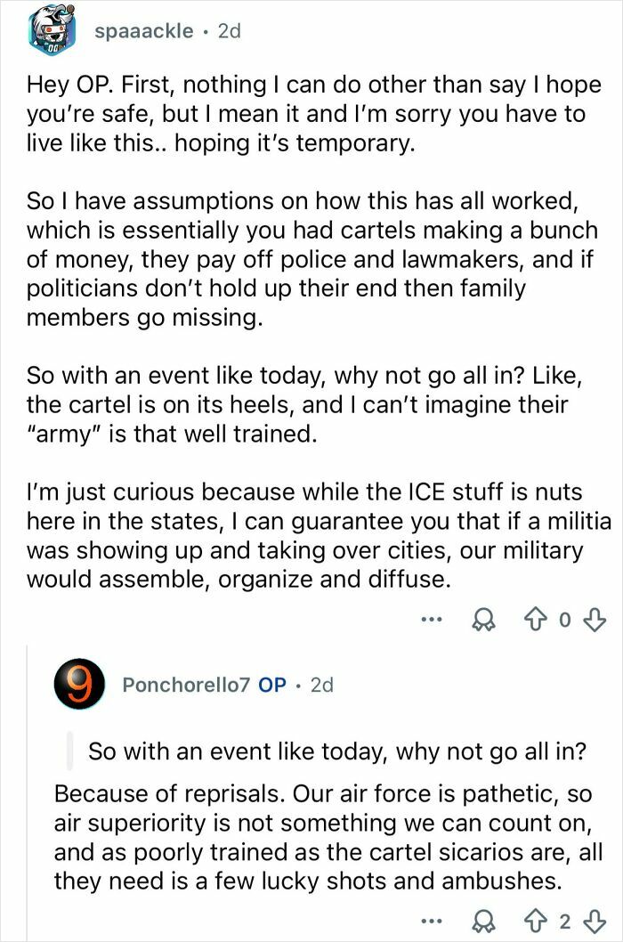 Reddit user discusses cartel violence in Mexico, mentioning police corruption, cartel power, and military response challenges.