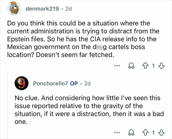 User comments discussing possible government distraction related to Mexico cartel violence and d**g cartel leader location.