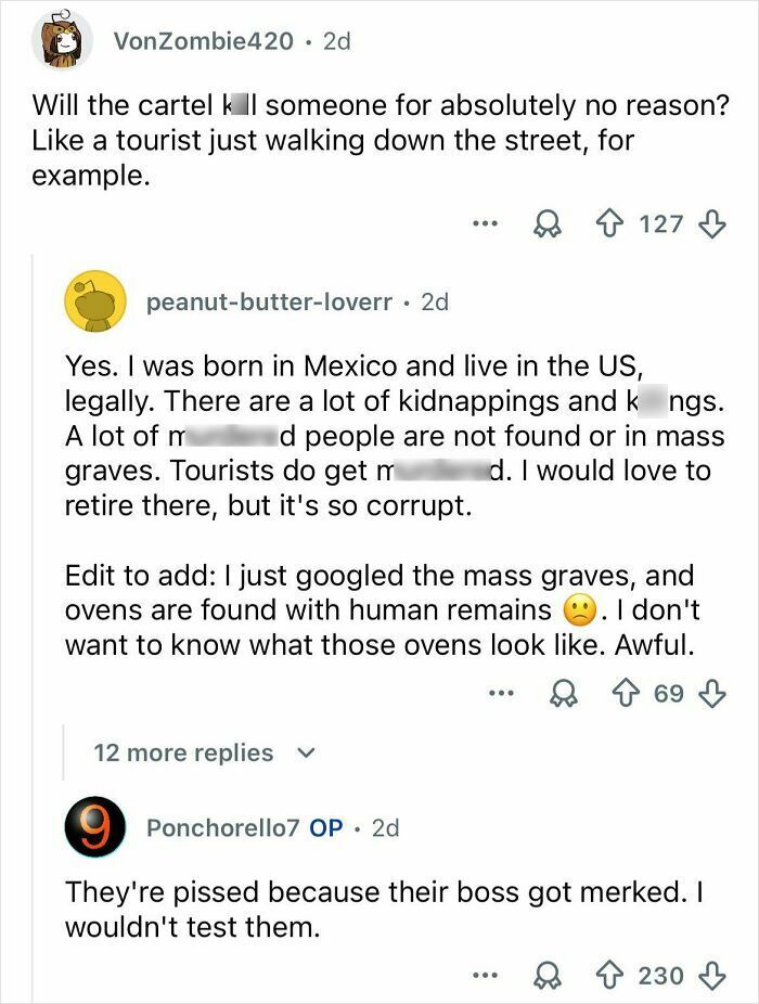 Screenshot of a Reddit conversation discussing Mexico cartel violence, kidnappings, mass graves, and corruption concerns.
