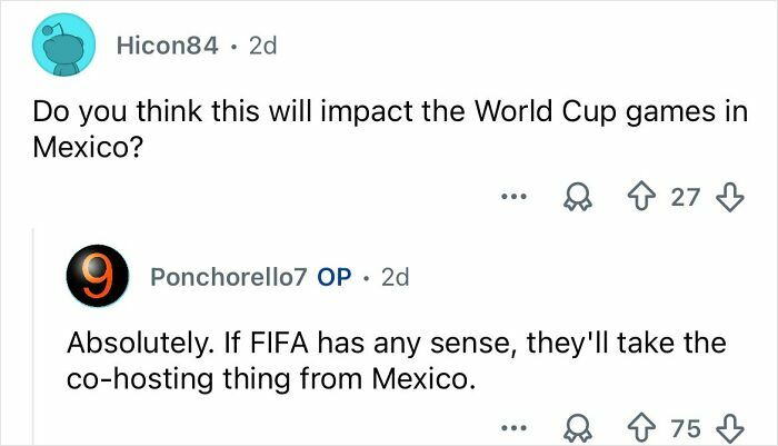 Screenshot of a Reddit conversation discussing the potential impact of Mexico’s ongoing cartel violence on the World Cup.