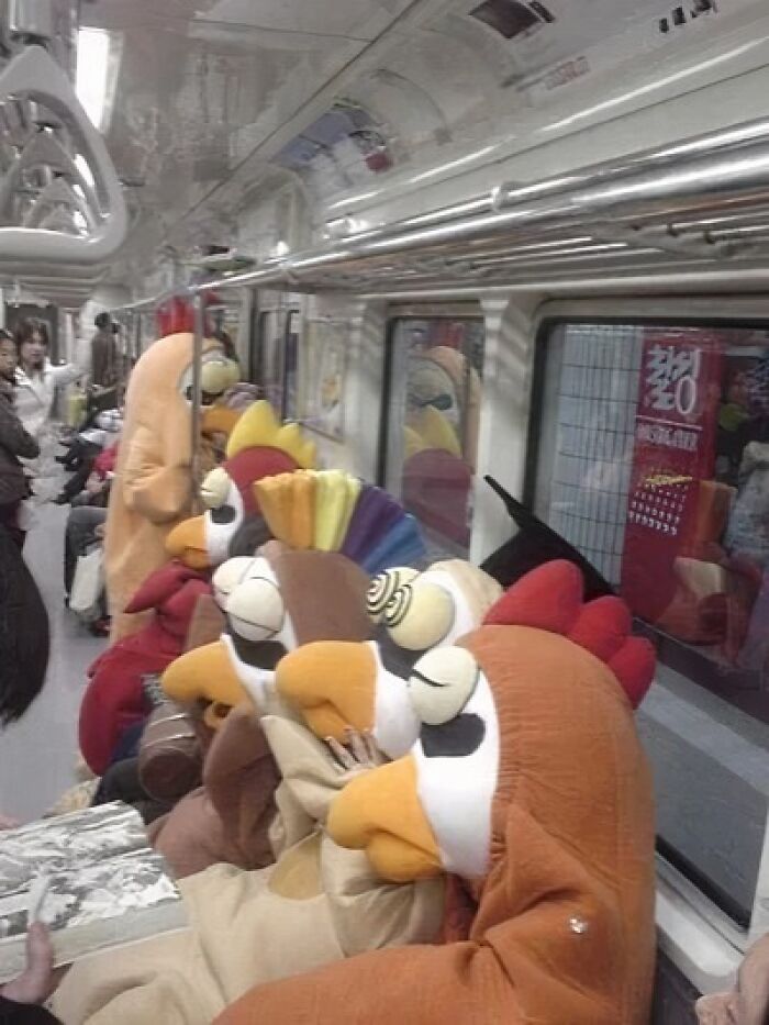 Passengers dressed in chicken costumes sitting together inside a NYC subway car during a weird moment.