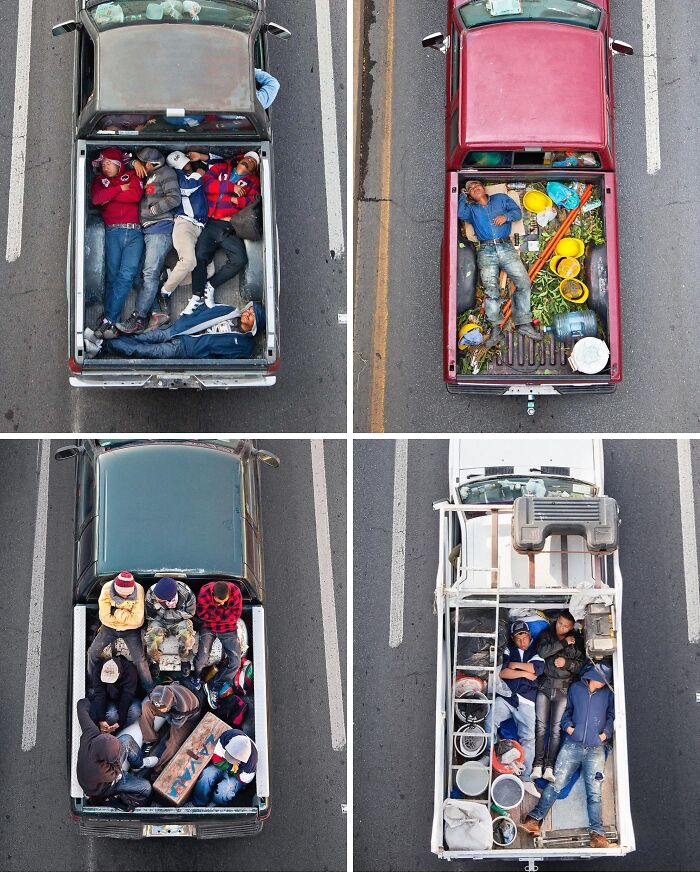 Overhead view of people and cargo packed in pickup trucks showing incredible scenes from everyday reality.
