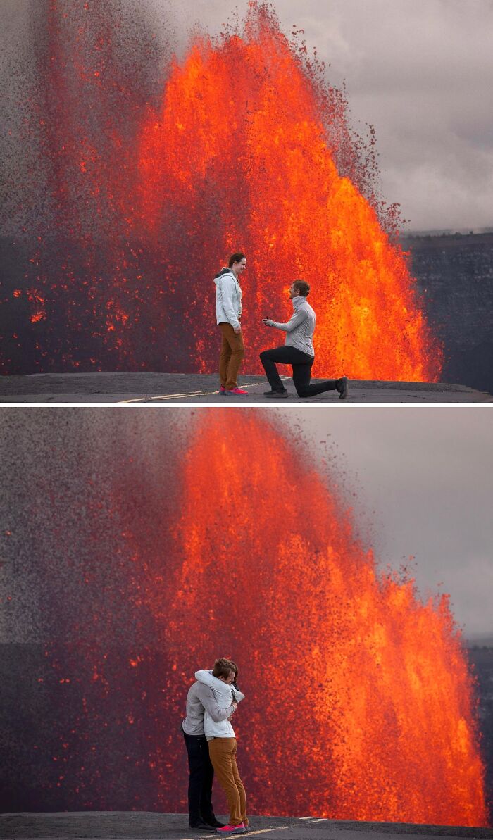 Couple proposing and hugging near an erupting volcano showing unreal photos that prove reality is incredible.