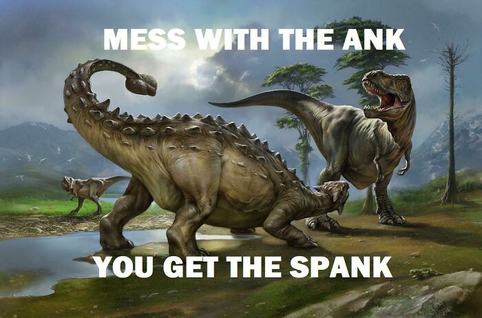 Dinosaur meme from a weird subreddit showing an ankylosaurus and a T-Rex with humorous text about spanking.