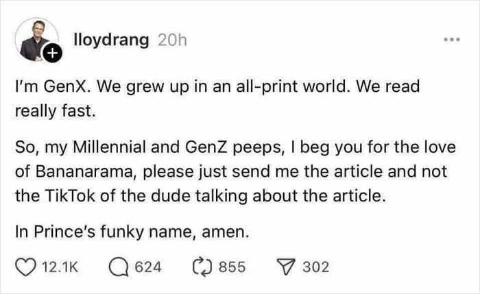 Social media post about Gen X nostalgia, contrasting print reading speed with Millennial and Gen Z digital habits.