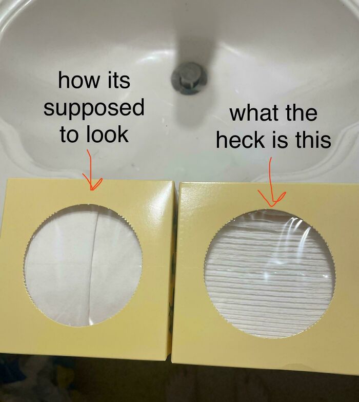 A funny fail comparing two packages of cotton pads, one correctly folded, the other messy.
