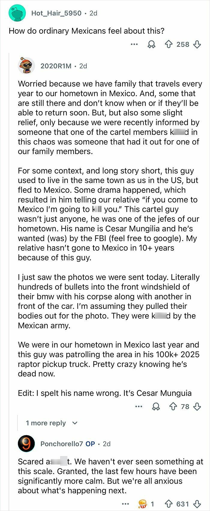 Reddit comments discussing personal fears and experiences amid Mexico’s ongoing cartel violence and its impact on families.