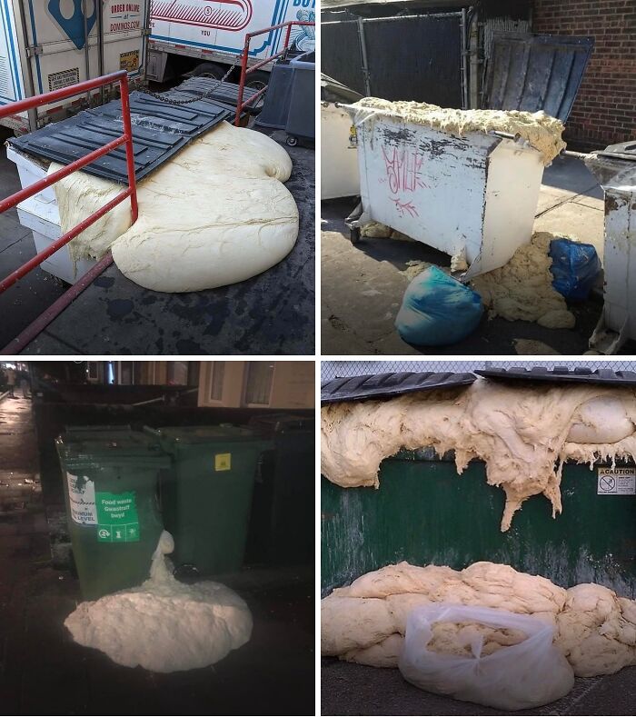 Oversized foam expanding uncontrollably from dumpsters, showcasing unreal photos of bizarre reality moments outdoors.