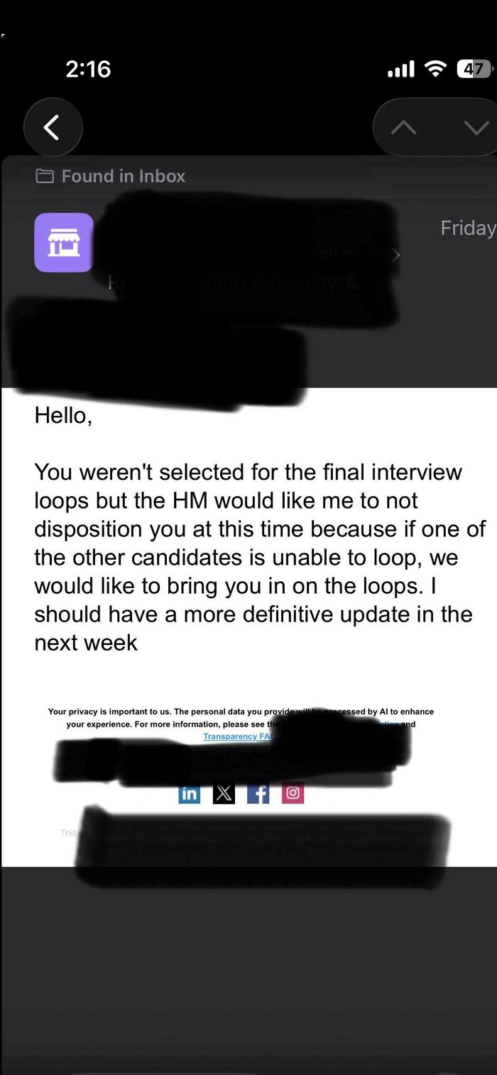 A screenshot of an email informing a candidate they weren't selected for a new job, but might be considered if another candidate drops out.