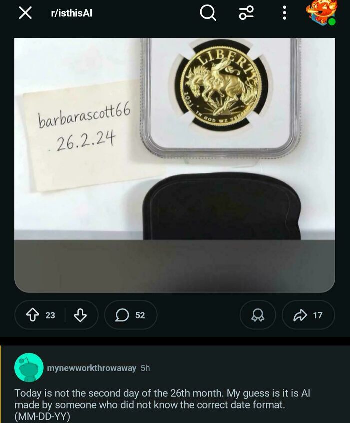 A Reddit comment of an American confused by the DD-MM-YY date format, thinking it is an AI error.