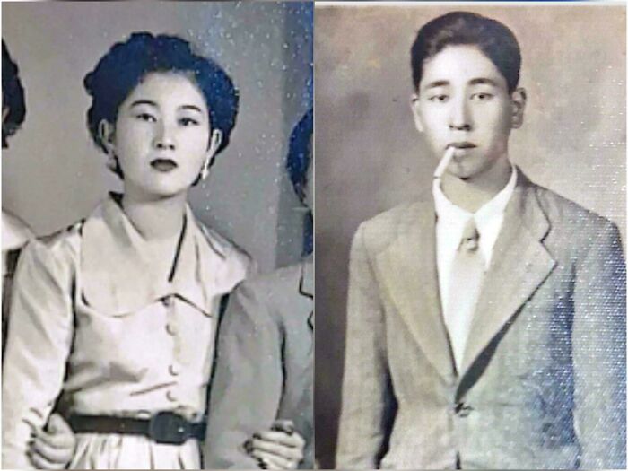 Two candid old photos side-by-side, a woman and a man, showing what the world looked like generations ago.