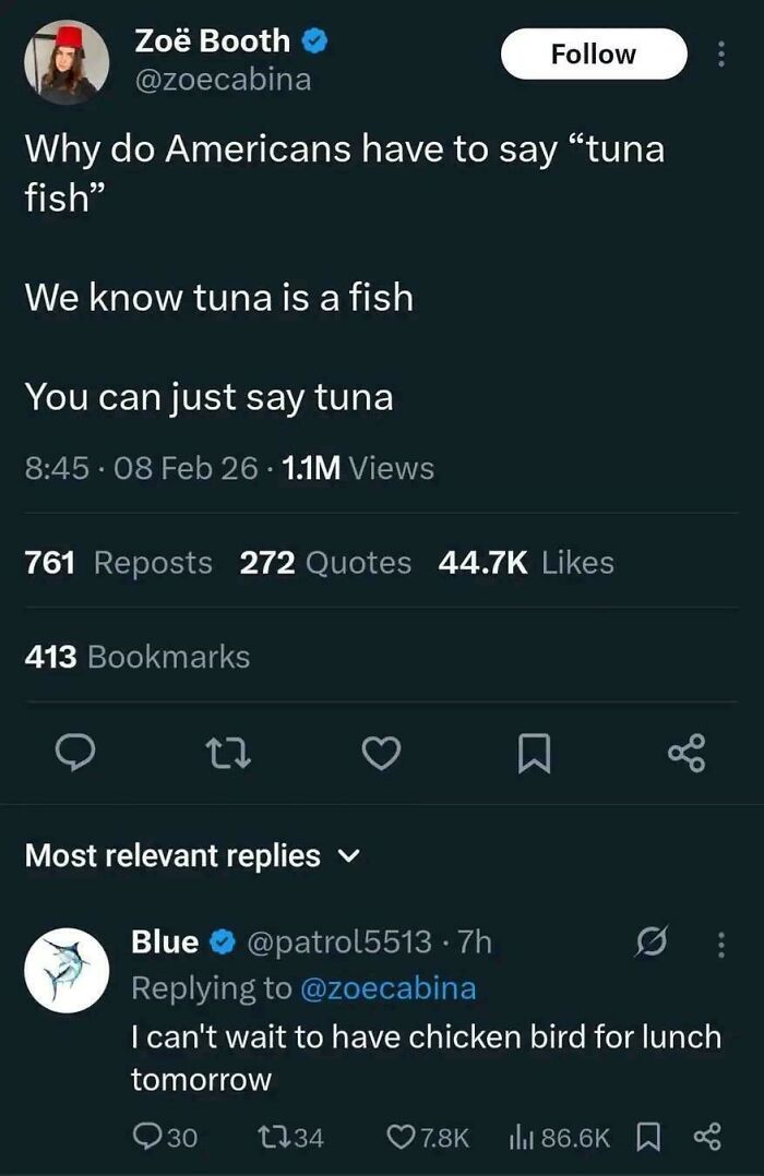 Screenshot of a humorous X post discussing why Americans say tuna fish, featuring chaotic and hilarious replies in February.
