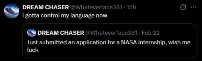 Screenshot of chaotic and hilarious X posts featuring a user sharing a NASA internship application update with humor.