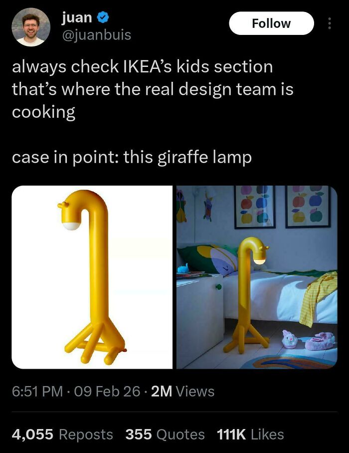 Tweet showing a humorous giraffe-shaped lamp from IKEA’s kids section, featured in chaotic and hilarious X posts.