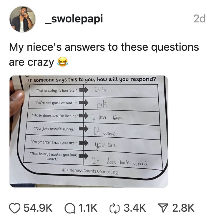 Screenshot of a humorous X post showing funny handwritten answers coping with negativity with humor.