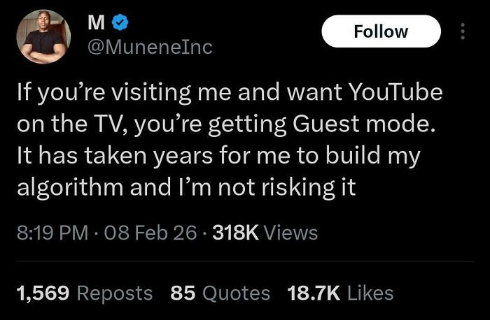 Screenshot of a chaotic and hilarious X post about protecting a personalized YouTube algorithm in February.